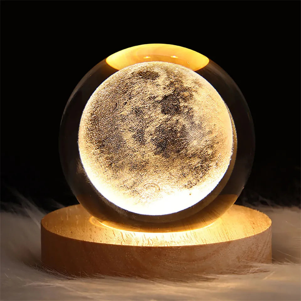 3D Night Light Crystal Ball Glass Planet LED Warm Laser Engrave Saturn Moon Globe Universe Table Lamp USB Bedroom Romantic Atmosphere Space Galaxy Bulb 6cm size random design