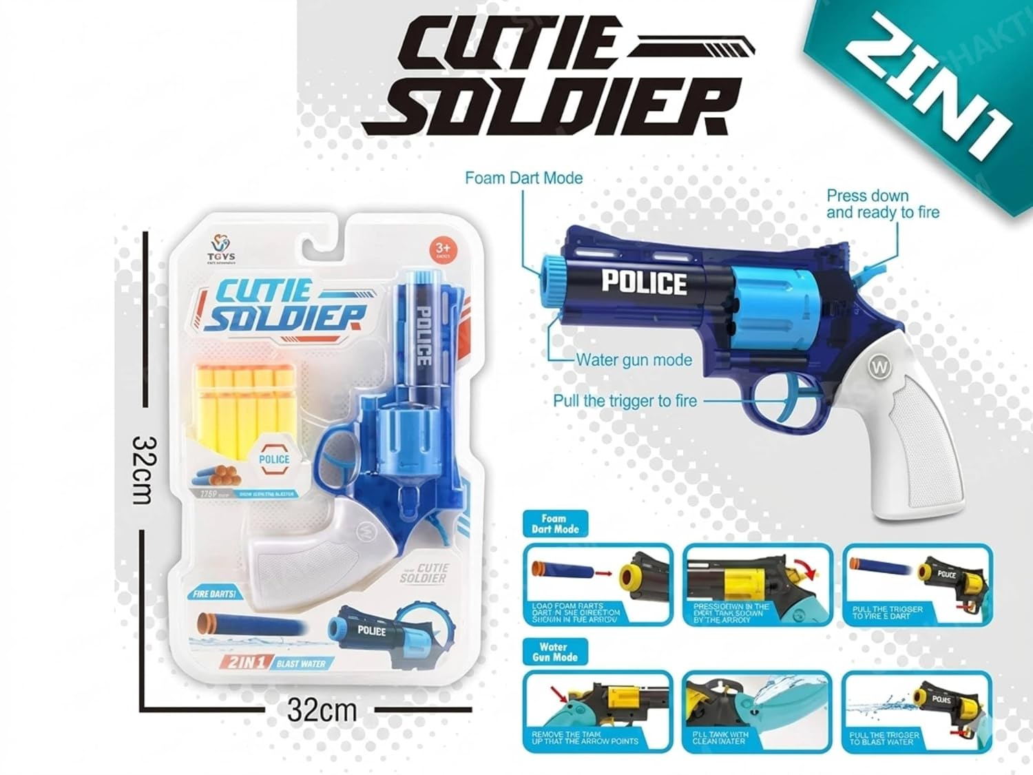 GT 2-in-1 Manual Police Revolver Soft Bullet Water Blaster