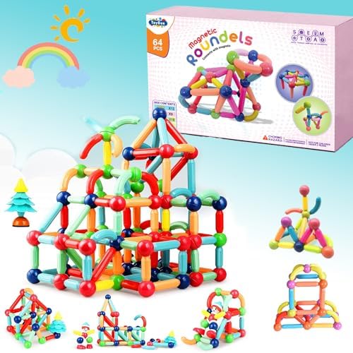 Kido kraze Magnetic Toys Building Blocks - 36/64 PCS Kids Magnet Balls and Rods Set Toddler STEM Sticks Toy Learning Educational Block Games Stacking Toys for Boy Girl Age 3+ Years Old Preschool