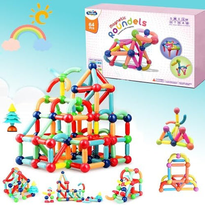 Kido kraze Magnetic Toys Building Blocks - 36/64 PCS Kids Magnet Balls and Rods Set Toddler STEM Sticks Toy Learning Educational Block Games Stacking Toys for Boy Girl Age 3+ Years Old Preschool