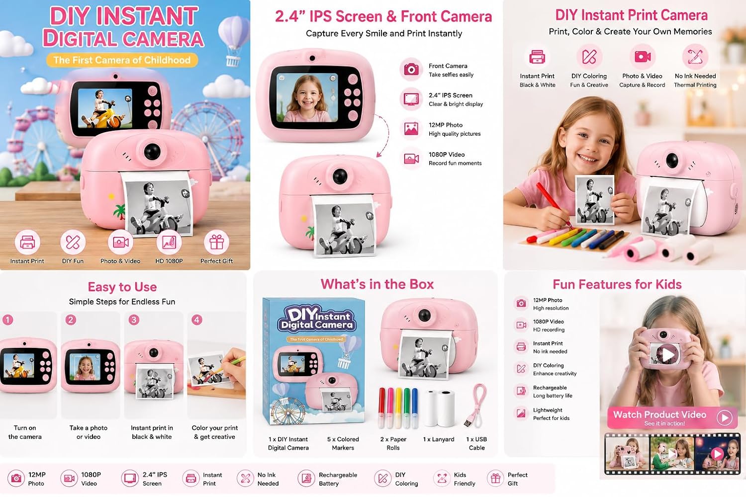Generic Kids Instant Print Camera 2.4-inch Screen 1080p HD