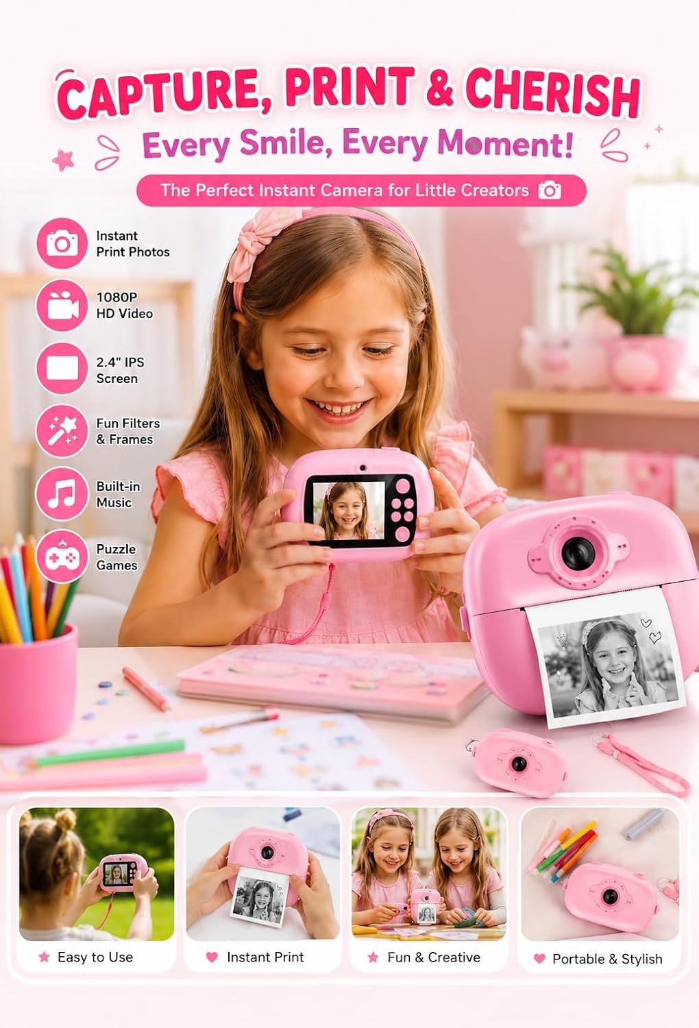 Generic Kids Instant Print Camera 2.4-inch Screen 1080p HD
