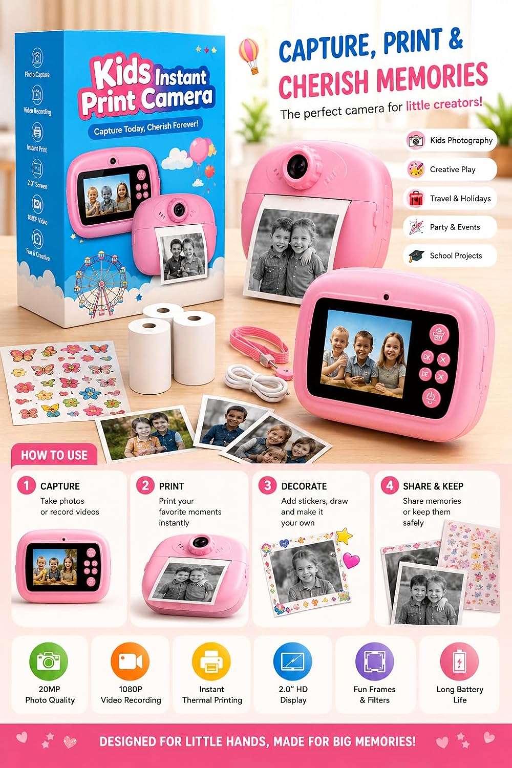 Generic Kids Instant Print Camera 2.4-inch Screen 1080p HD