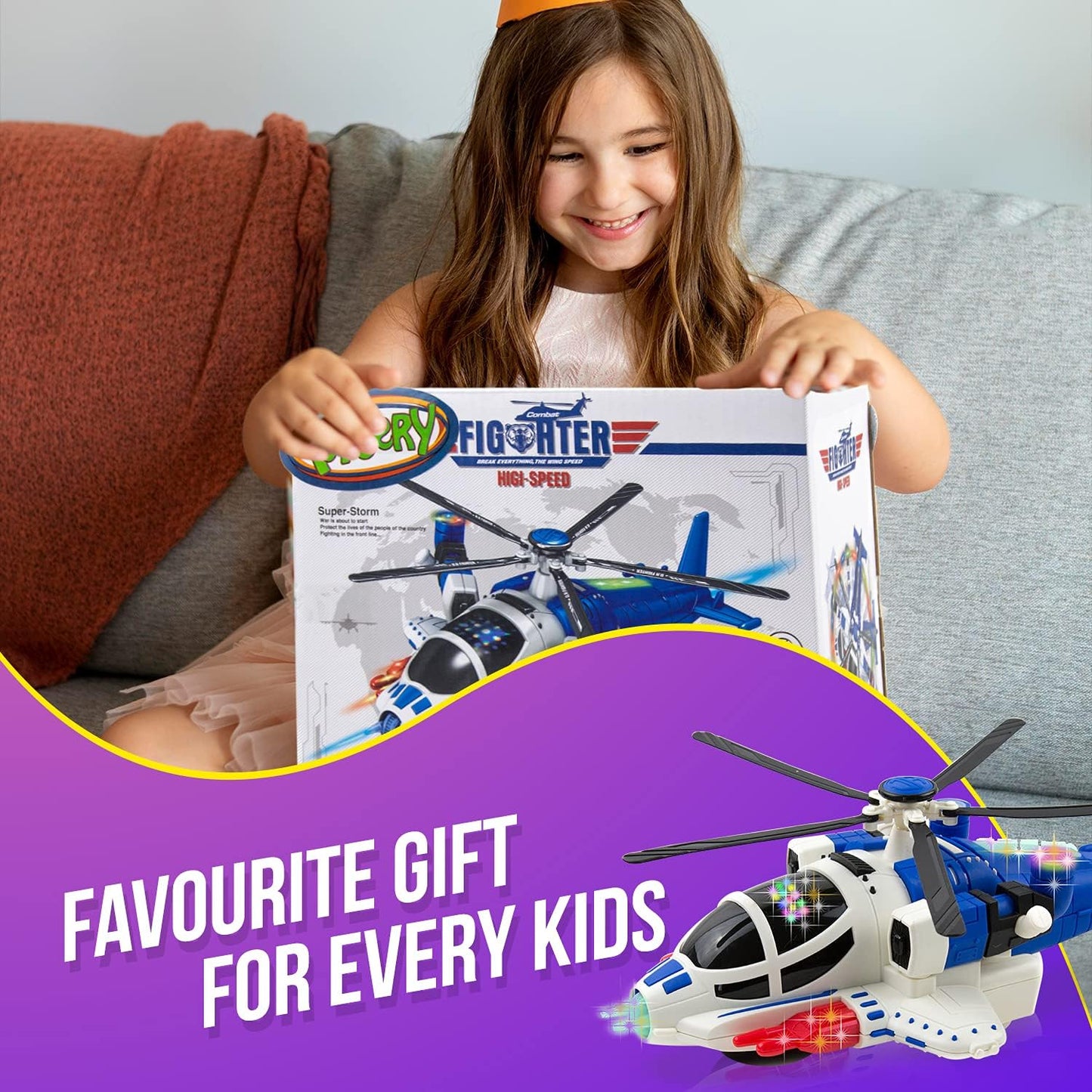 Toysery Bump and Go Helicopter Toys for Boys & Girls, Aircraft Toys Made with Durable Material, Helicopter Toy with Lights, Realistic Sound, Helicopter Toy for Gift, Perfect Kids Helicopter - Blue