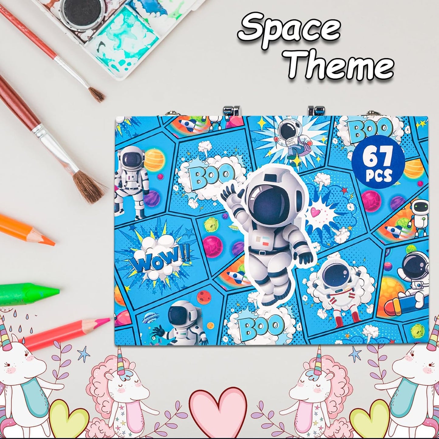 67 Pieces Art Set for Kids with Space Theme Case, Art and Craft Supplies Kit for Drawing and Painting with Sketch Pen, Paint Colors, Brush, Color Pencils, Crayons