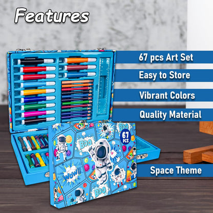 67 Pieces Art Set for Kids with Space Theme Case, Art and Craft Supplies Kit for Drawing and Painting with Sketch Pen, Paint Colors, Brush, Color Pencils, Crayons