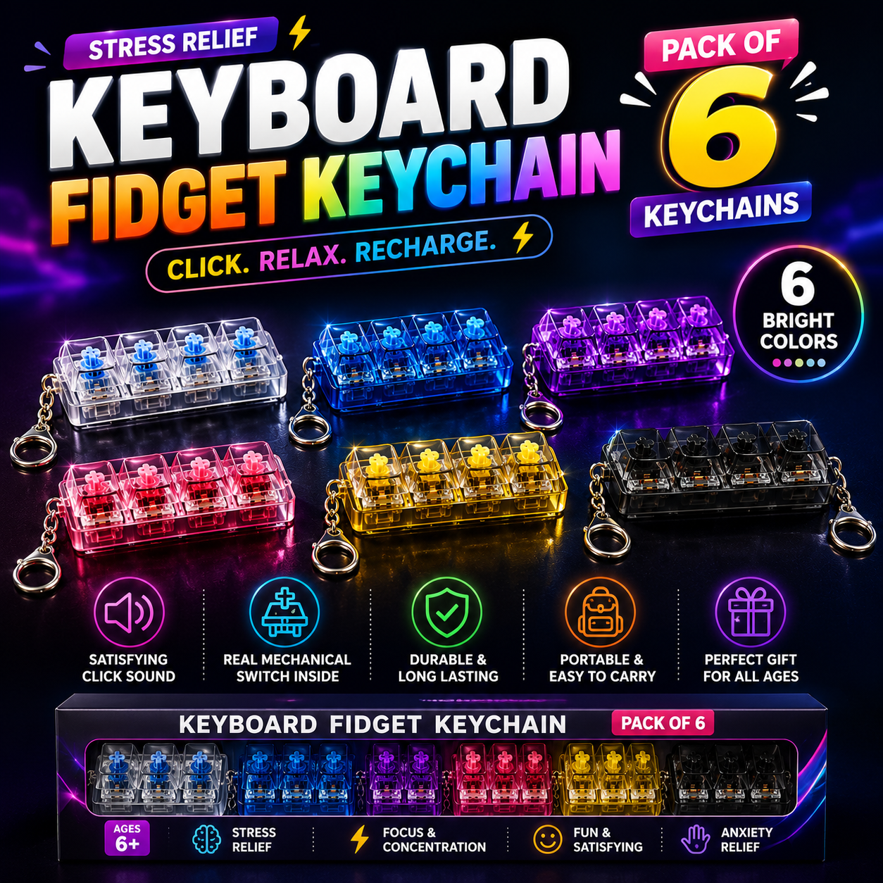 Keyboard Fidget Stress Relief Keychain for Kids & Adults