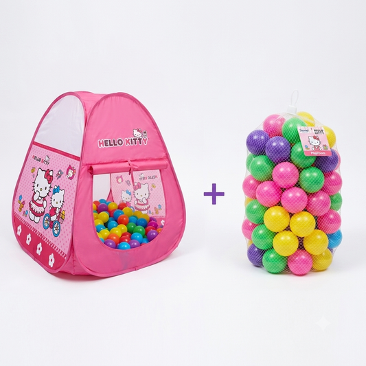 Combo Pack Deal HELLO KITTY TENT HOUSE - MULTICOLOR + SOFT PLASTIC BALLS 50 PCS SET - MULTICOLOUR